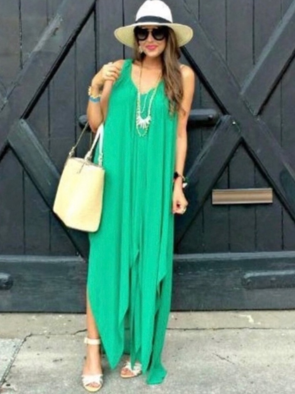 Michael Kors Green V Neck Bohemian Luxe Flowy Caftan Scarf Hem Maxi Dress L